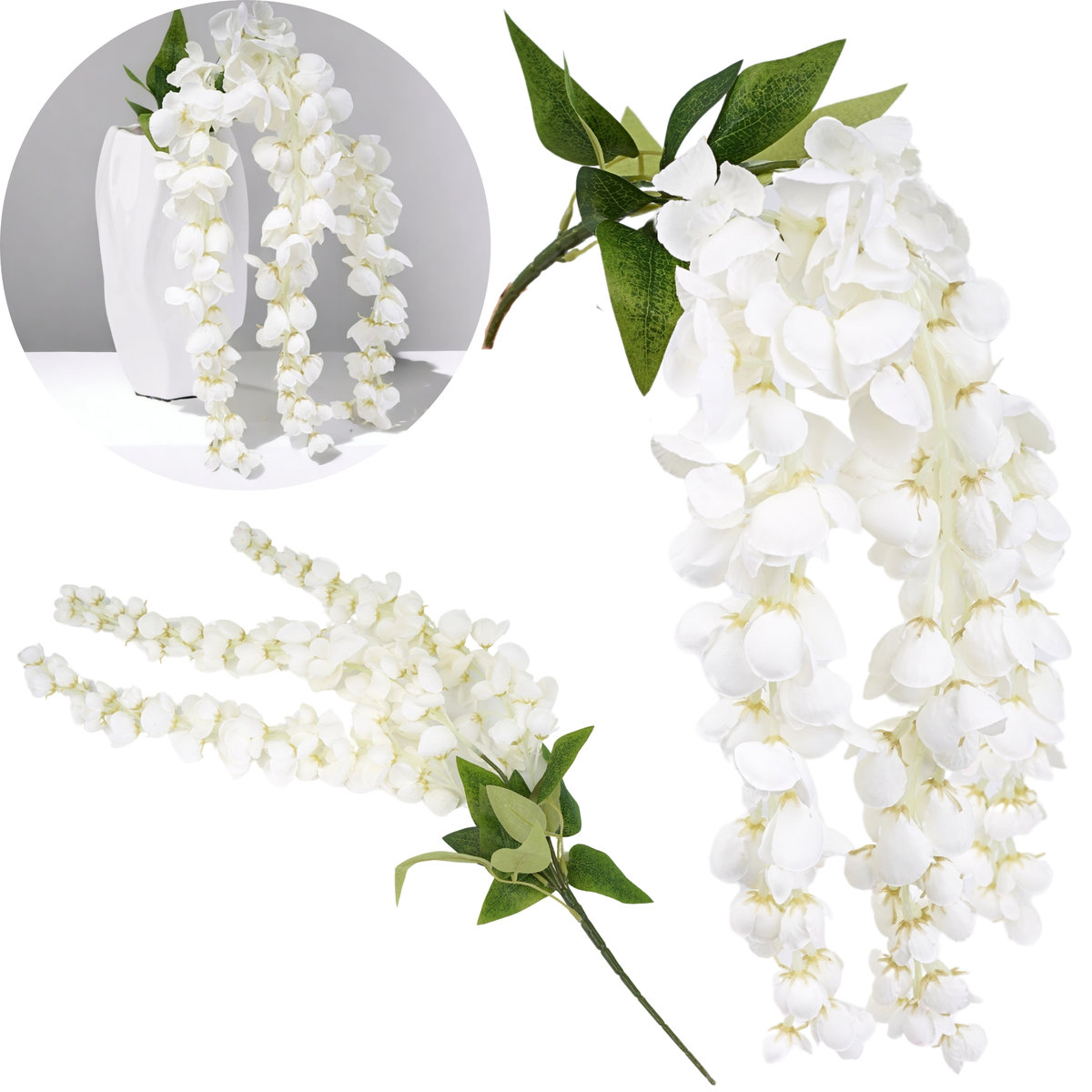 GLICYNIA XXL BIAŁA WISTERIA SZTUCZNA GAŁĄZKA KWIATY ŚCIANA ZWIS ŚLUB 58 cm