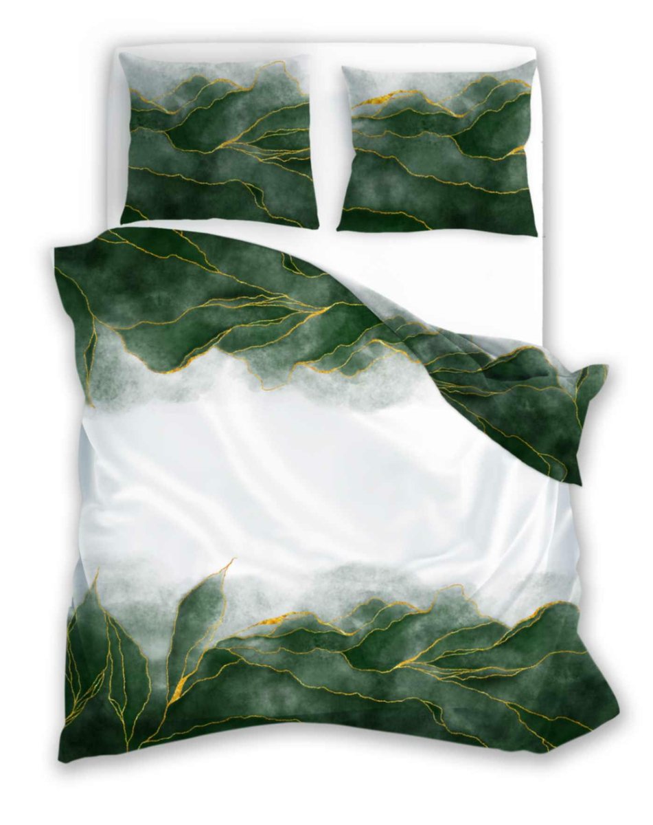 Pościel satynowa 220x200 Nobile biała zielona liście Faro
