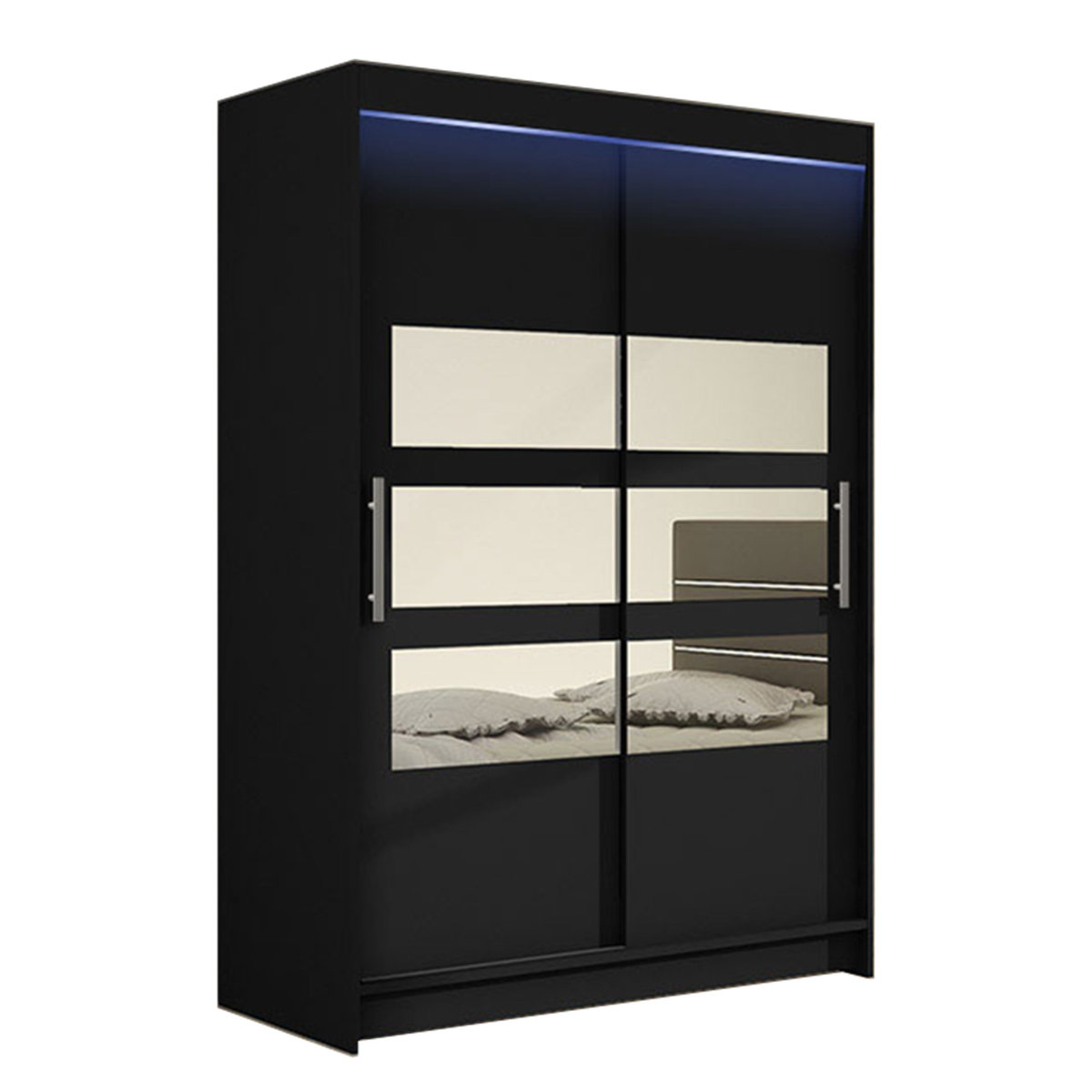 Szafa z drzwiami przesuwnymi Aldo V z oświetleniem RGB, Czarny / Lustro