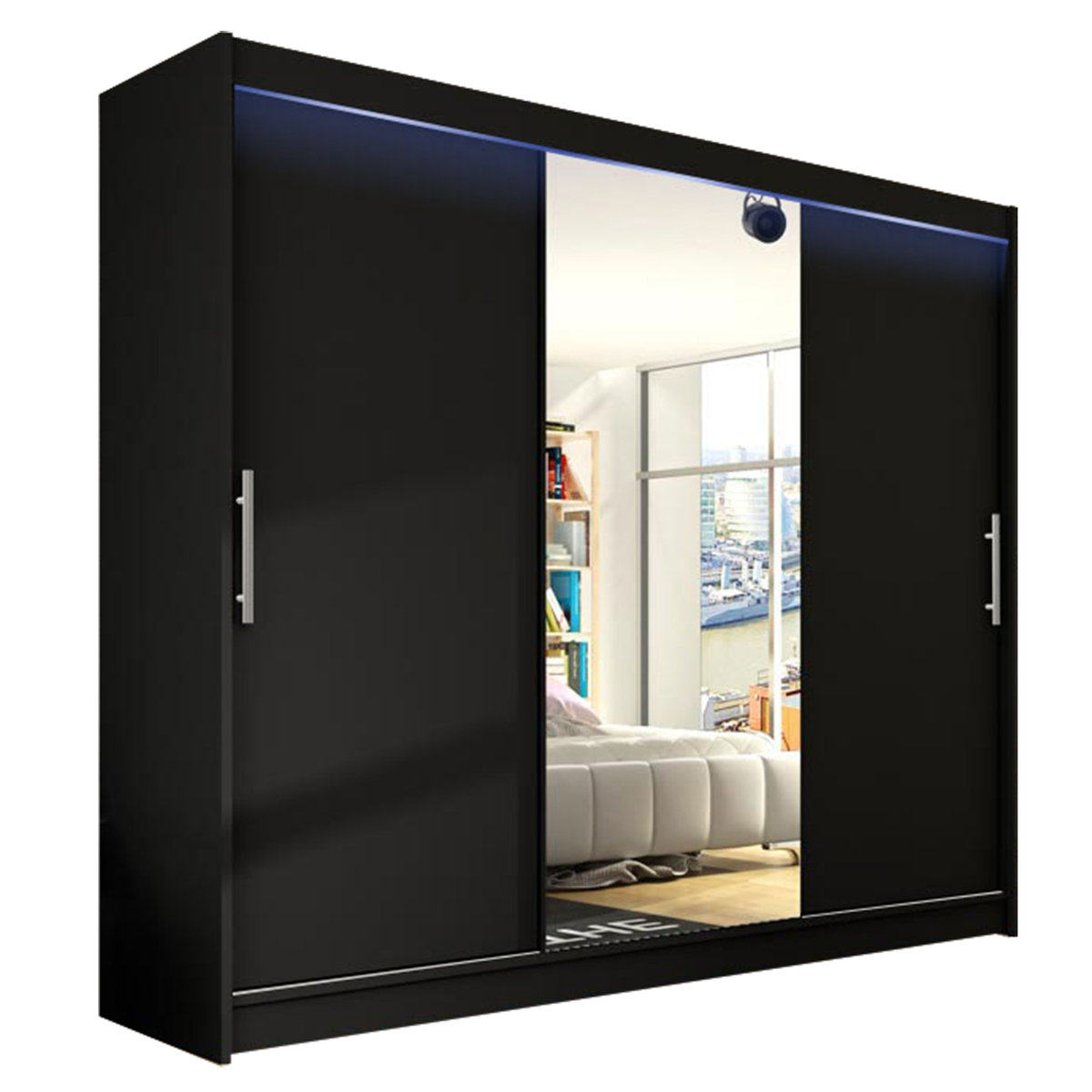 Szafa z drzwiami przesuwnymi Aston I 250 z oświetleniem RGB, Czarny / Lustro