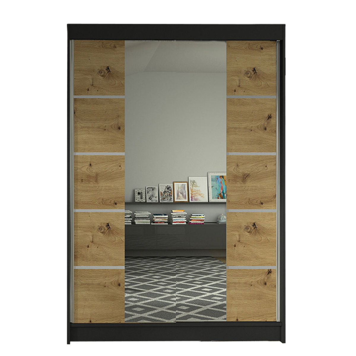 Szafa z drzwiami przesuwnymi Lino V, Czarny / Dąb Artisan