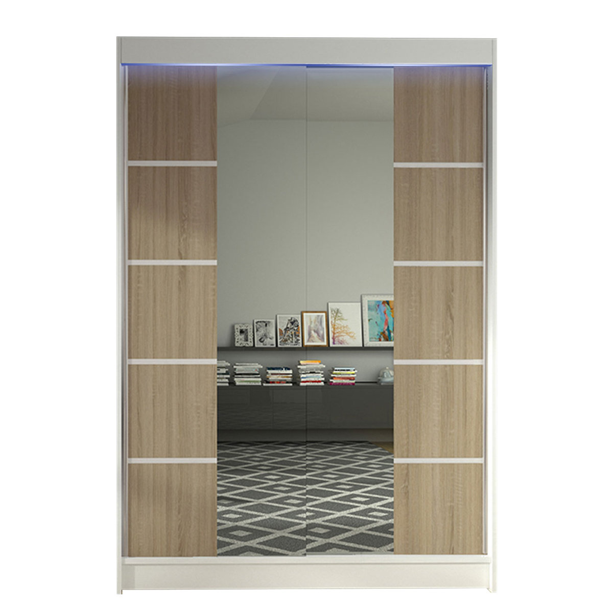 Szafa z drzwiami przesuwnymi Lino V z oświetleniem RGB, Biały / Dąb Sonoma