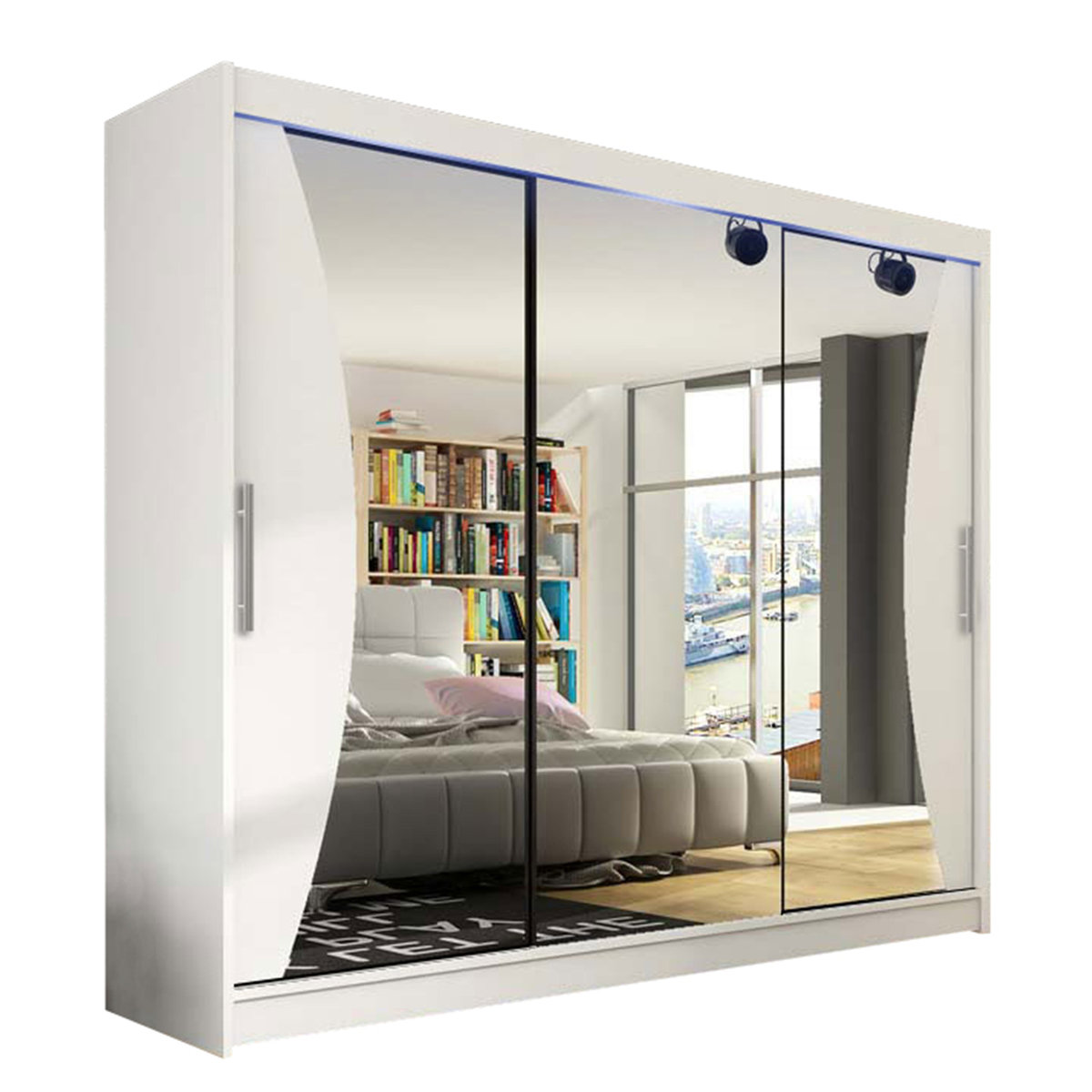 Szafa z drzwiami przesuwnymi Aston IV z oświetleniem RGB, Biały / Lustro