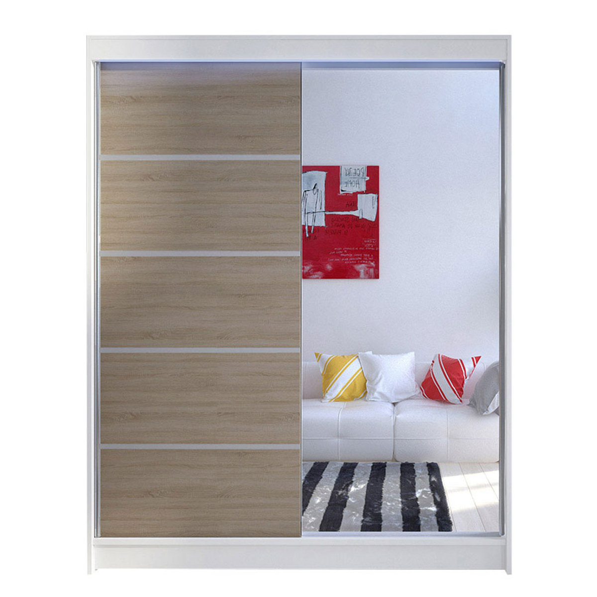 Szafa z drzwiami przesuwnymi Camino III z oświetleniem RGB, Biały / Dąb Sonoma