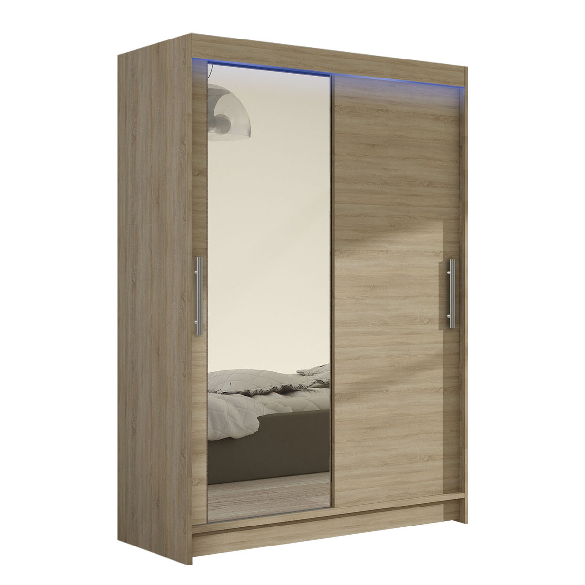 Szafa z drzwiami przesuwnymi Aldo VI z oświetleniem RGB, Dąb Sonoma / Lustro