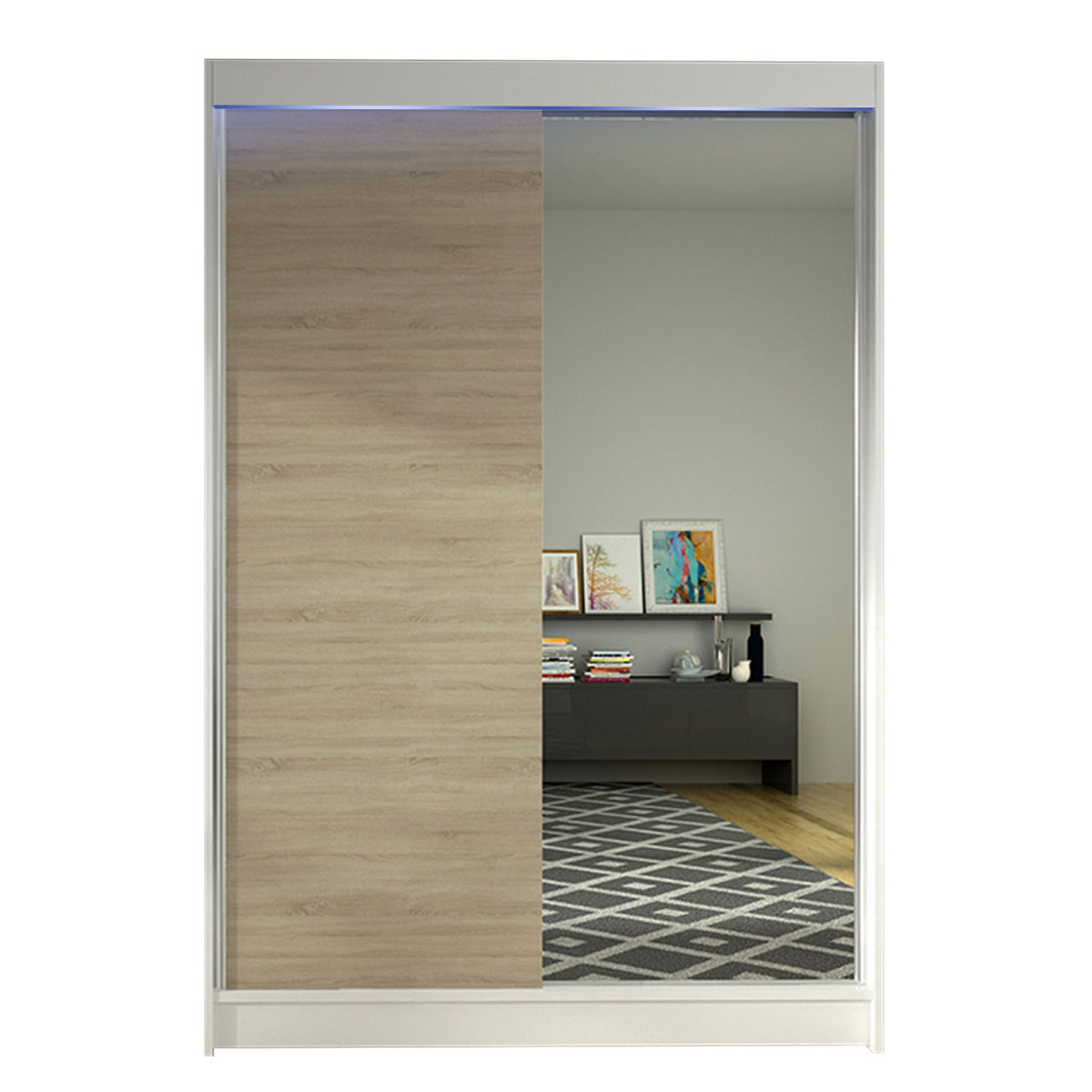 Szafa z drzwiami przesuwnymi Lino I z oświetleniem RGB, Biały / Dąb Sonoma