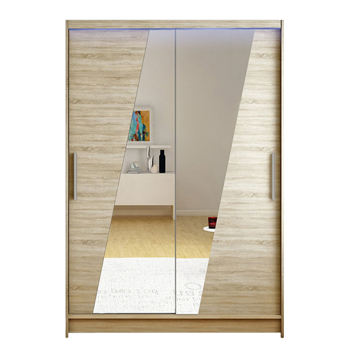 Szafa z drzwiami przesuwnymi Aldo VIII z oświetleniem RGB, Dąb Sonoma / Lustro