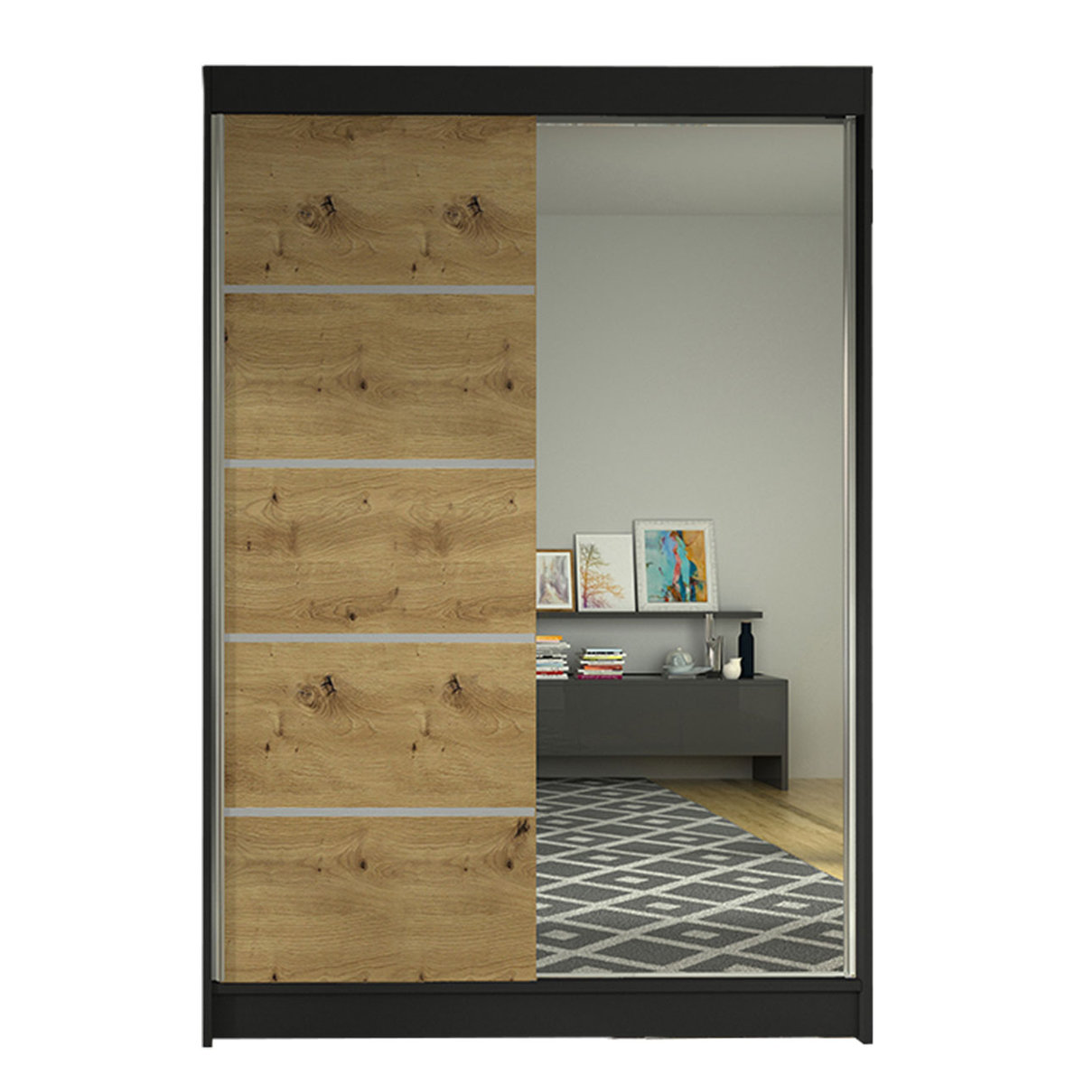 Szafa z drzwiami przesuwnymi Lino III, Czarny / Dąb Artisan