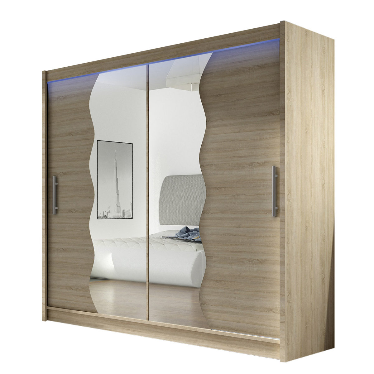 Szafa z drzwiami przesuwnymi London X z oświetleniem RGB, Dąb Sonoma / Lustro