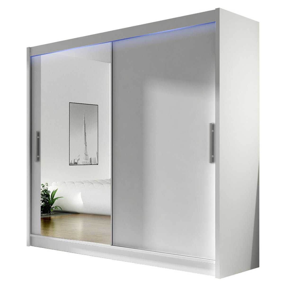 Szafa z drzwiami przesuwnymi London VI z oświetleniem RGB, Biały / Lustro