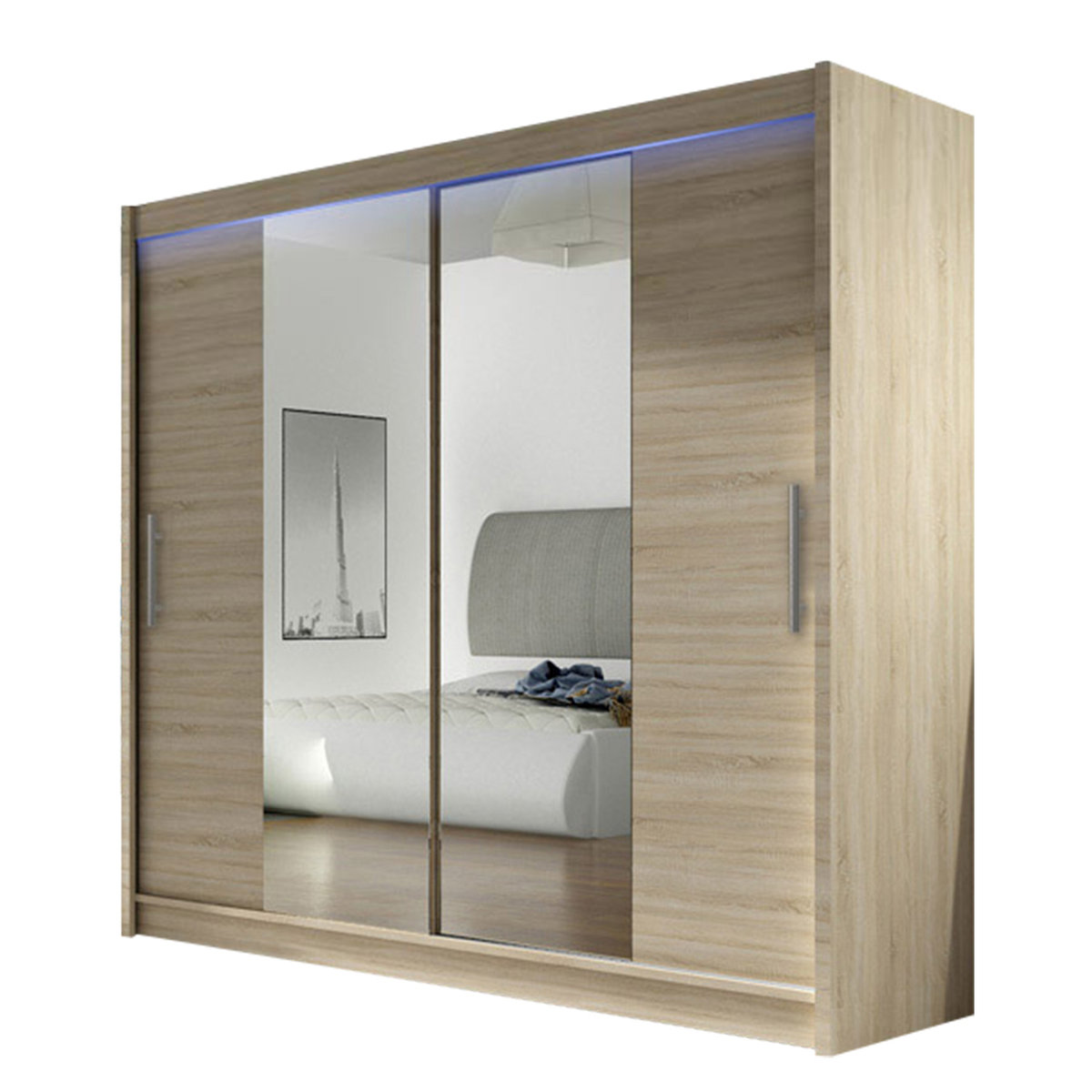 Szafa z drzwiami przesuwnymi London II z oświetleniem RGB, Dąb Sonoma / Lustro