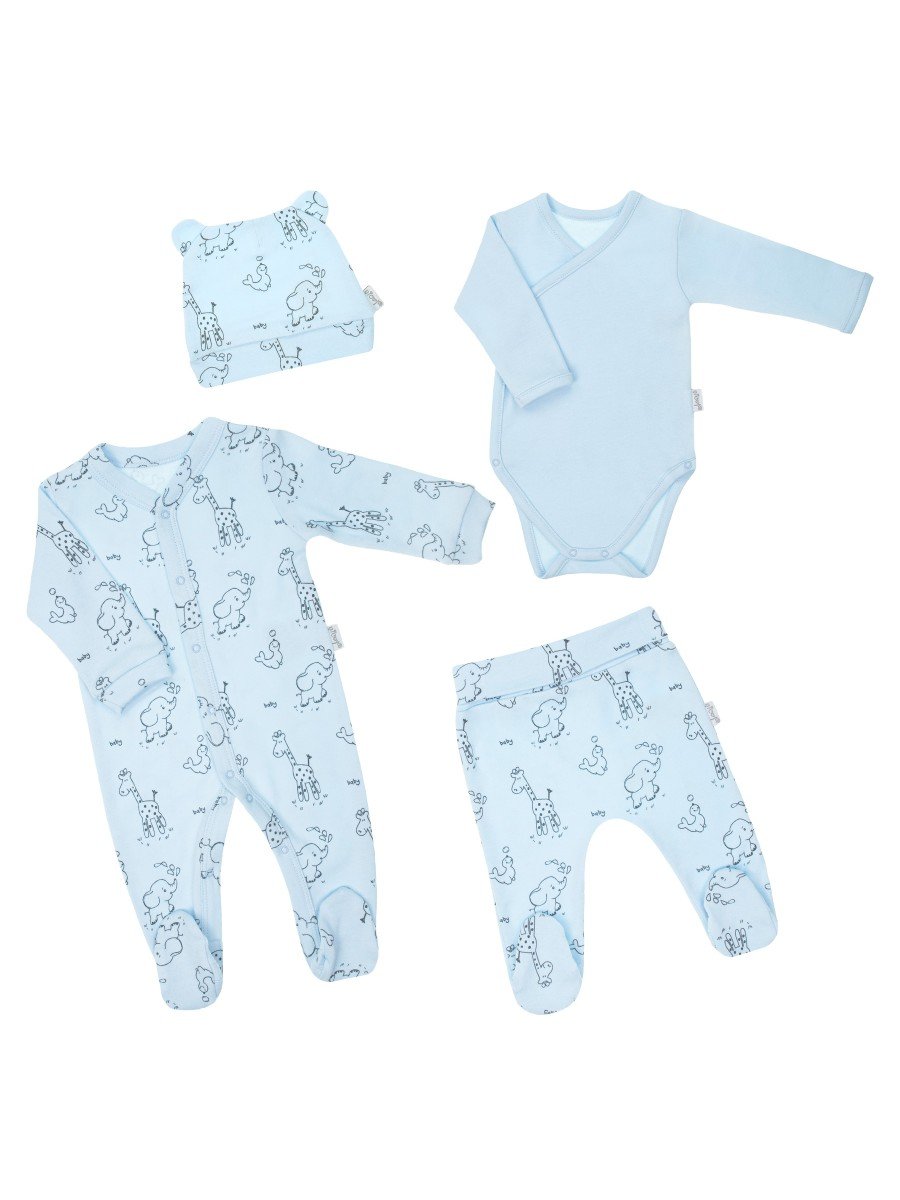 Niemowlęca wyprawka 4-pak pajacyk, body, spodenki i czapka w zwierzęta niebieska Nicol,r.62