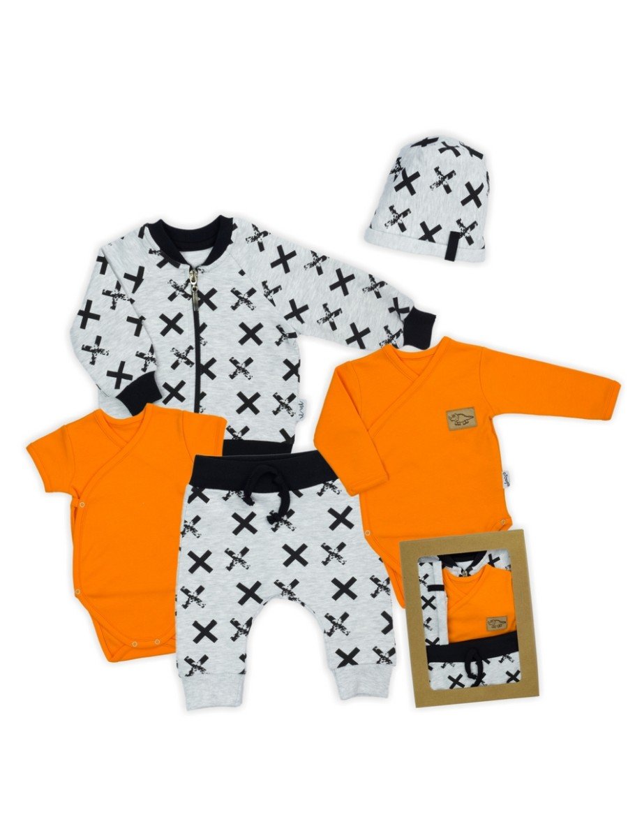 Niemowlęcy komplet 5-cio częściowy 2xbody, spodnie, bluza, czapka pomarańczowy Nicol,r.62