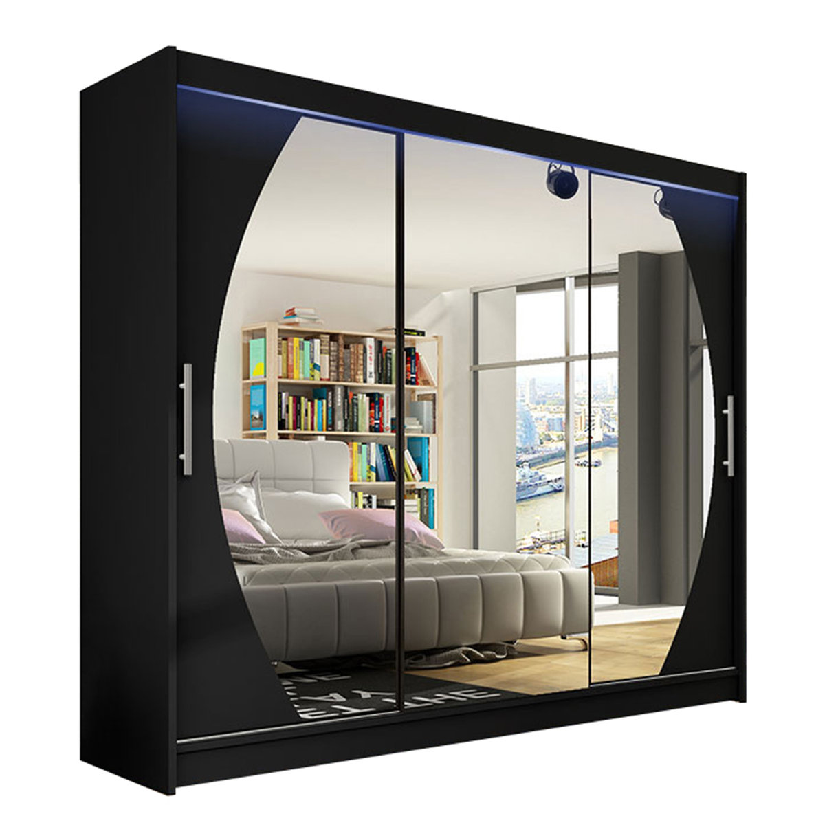 Szafa z drzwiami przesuwnymi Aston V z oświetleniem RGB, Czarny / Lustro