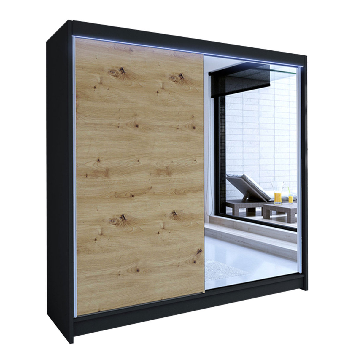 Szafa z drzwiami przesuwnymi Talin I z oświetleniem RGB, Czarny / Dąb Artisan