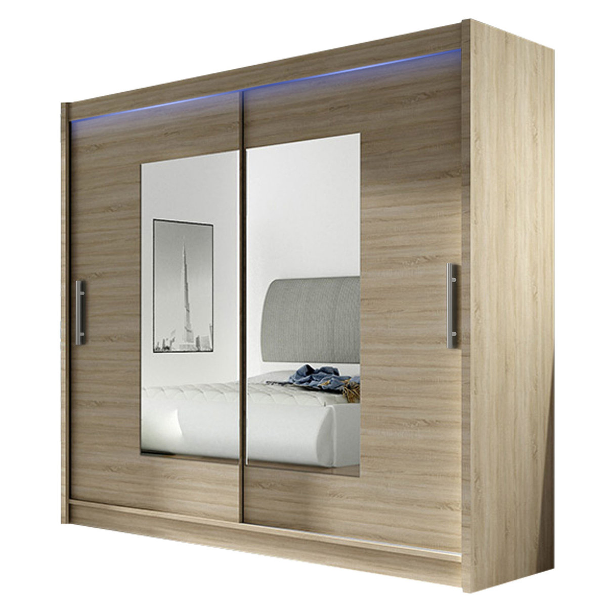 Szafa z drzwiami przesuwnymi London VII z oświetleniem RGB, Dąb Sonoma / Lustro
