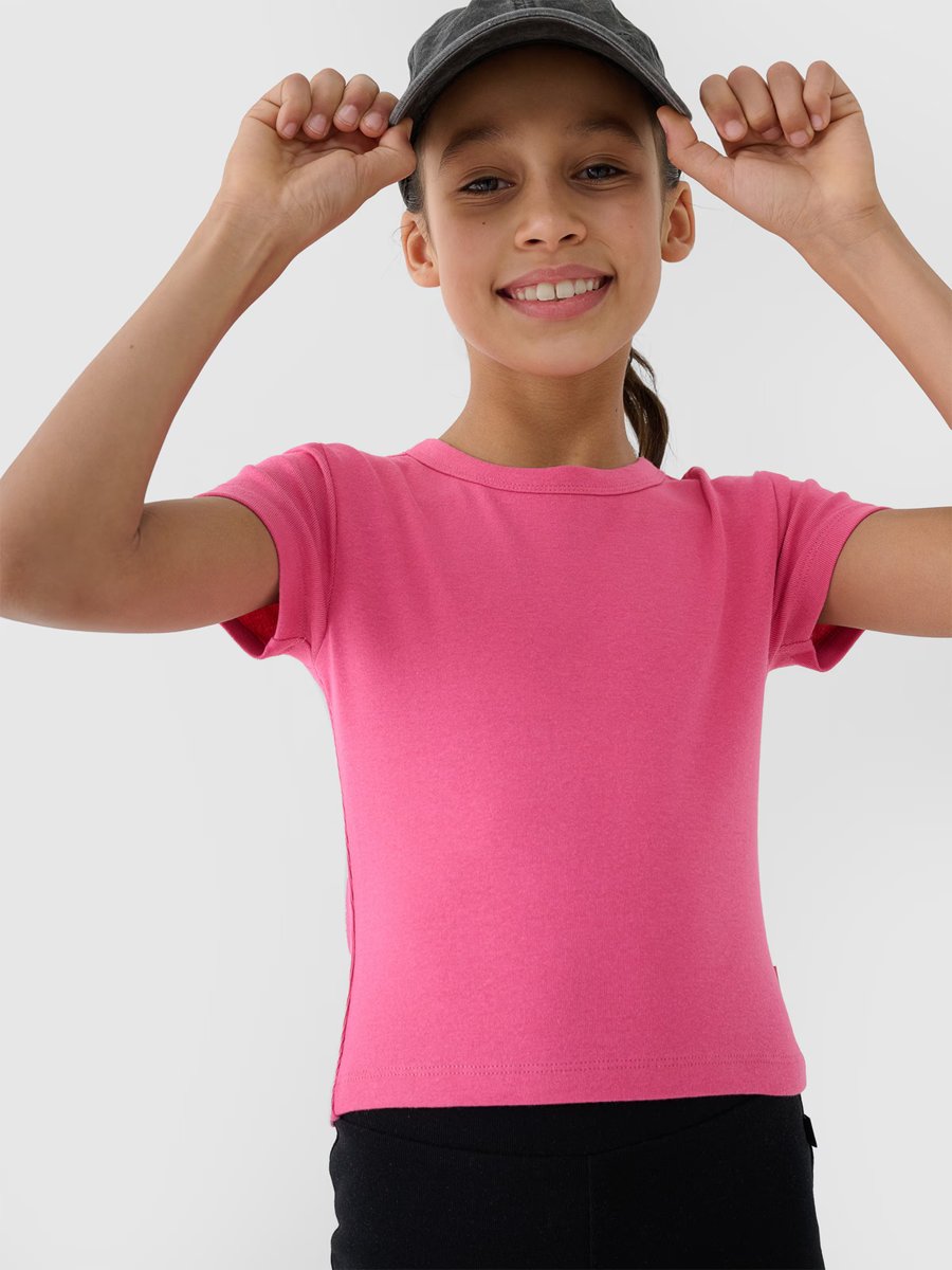 4F T-shirt slim crop top gładki dziewczęcy 4FJWSS25TTSHF1852-54S Różowy Roz. 128
