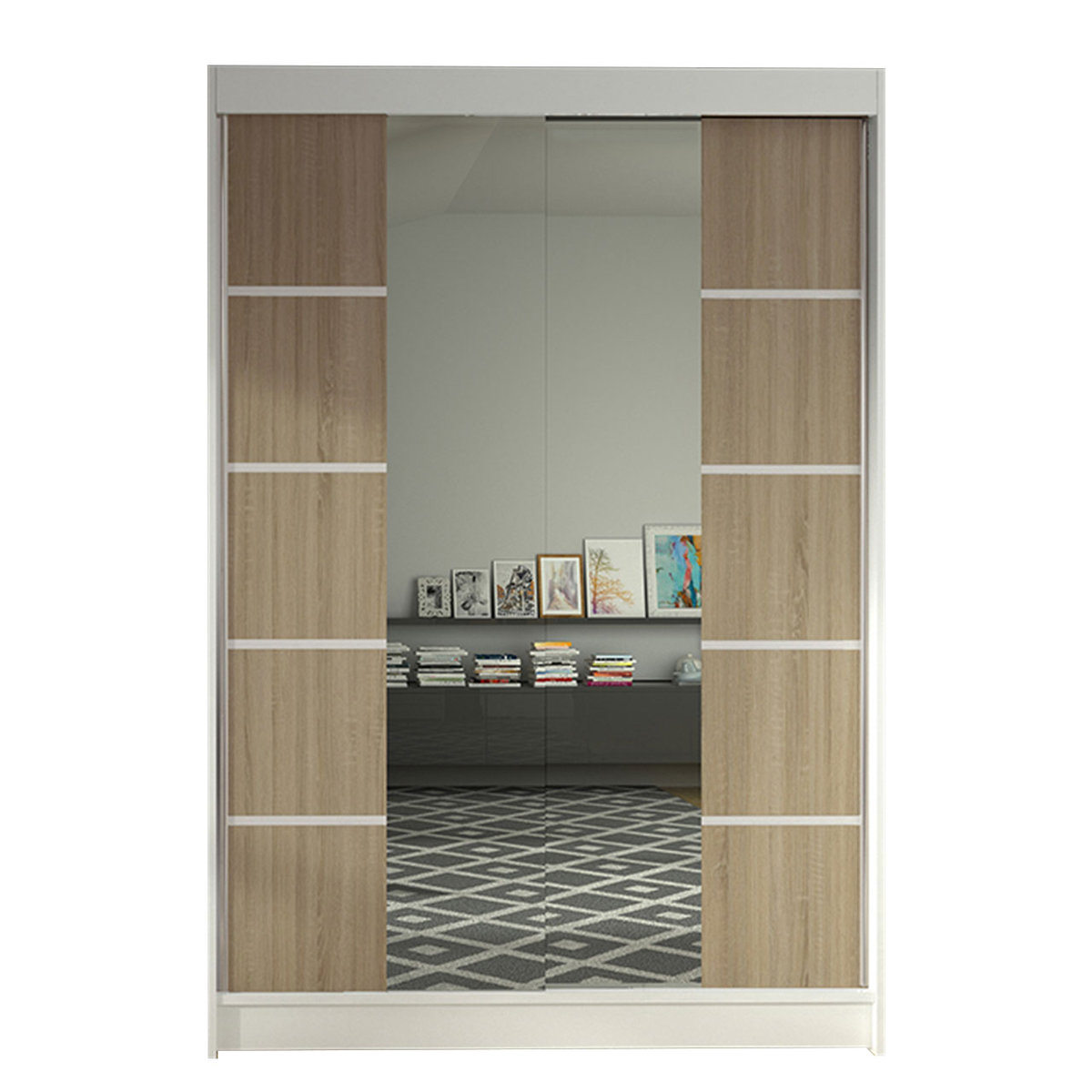 Szafa z drzwiami przesuwnymi Lino V, Biały / Dąb Sonoma