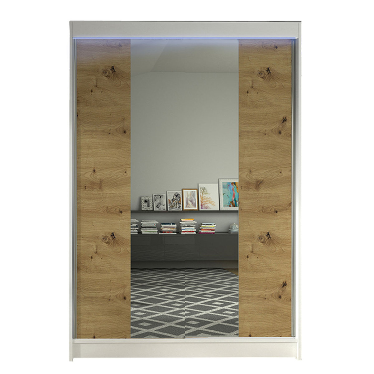 Szafa z drzwiami przesuwnymi Lino II z oświetleniem RGB, Biały / Dąb Artisan