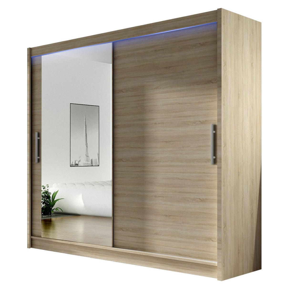 Szafa z drzwiami przesuwnymi London VI z oświetleniem RGB, Dąb Sonoma / Lustro