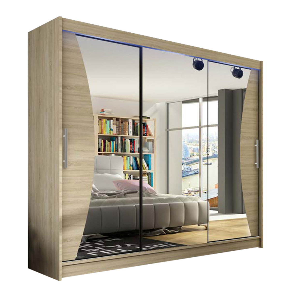 Szafa z drzwiami przesuwnymi Aston IV z oświetleniem RGB, Dąb Sonoma / Lustro