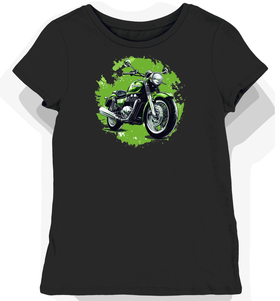 Koszulka damska czarna z motywem eleganckiego motocykla Kawasaki S