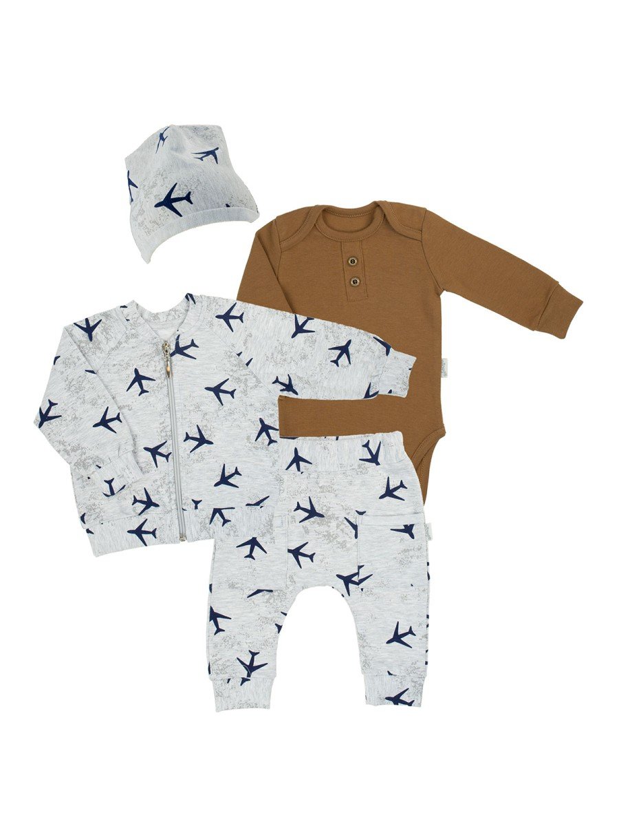 Niemowlęcy komplet 4-ro częściowy: bluza, body, spodnie, czapka szara Nicol,r.86