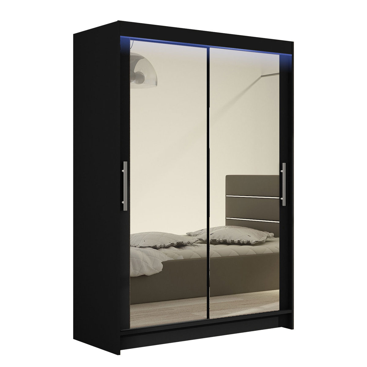Szafa z drzwiami przesuwnymi Aldo VII z oświetleniem RGB, Czarny / Lustro