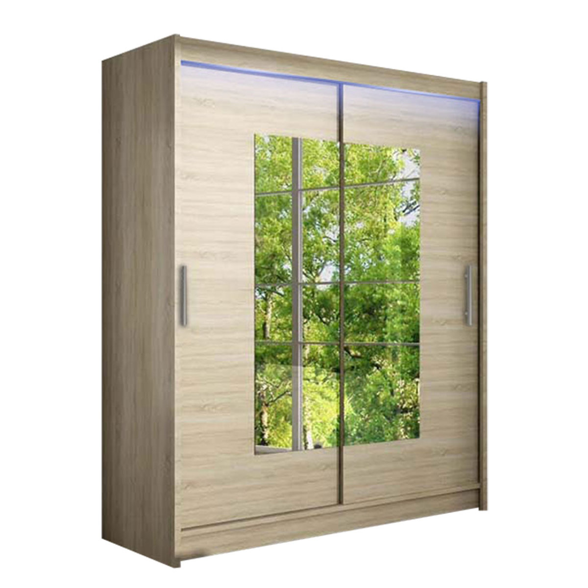 Szafa z drzwiami przesuwnymi Westa III z oświetleniem RGB, Dąb Sonoma / Lustro