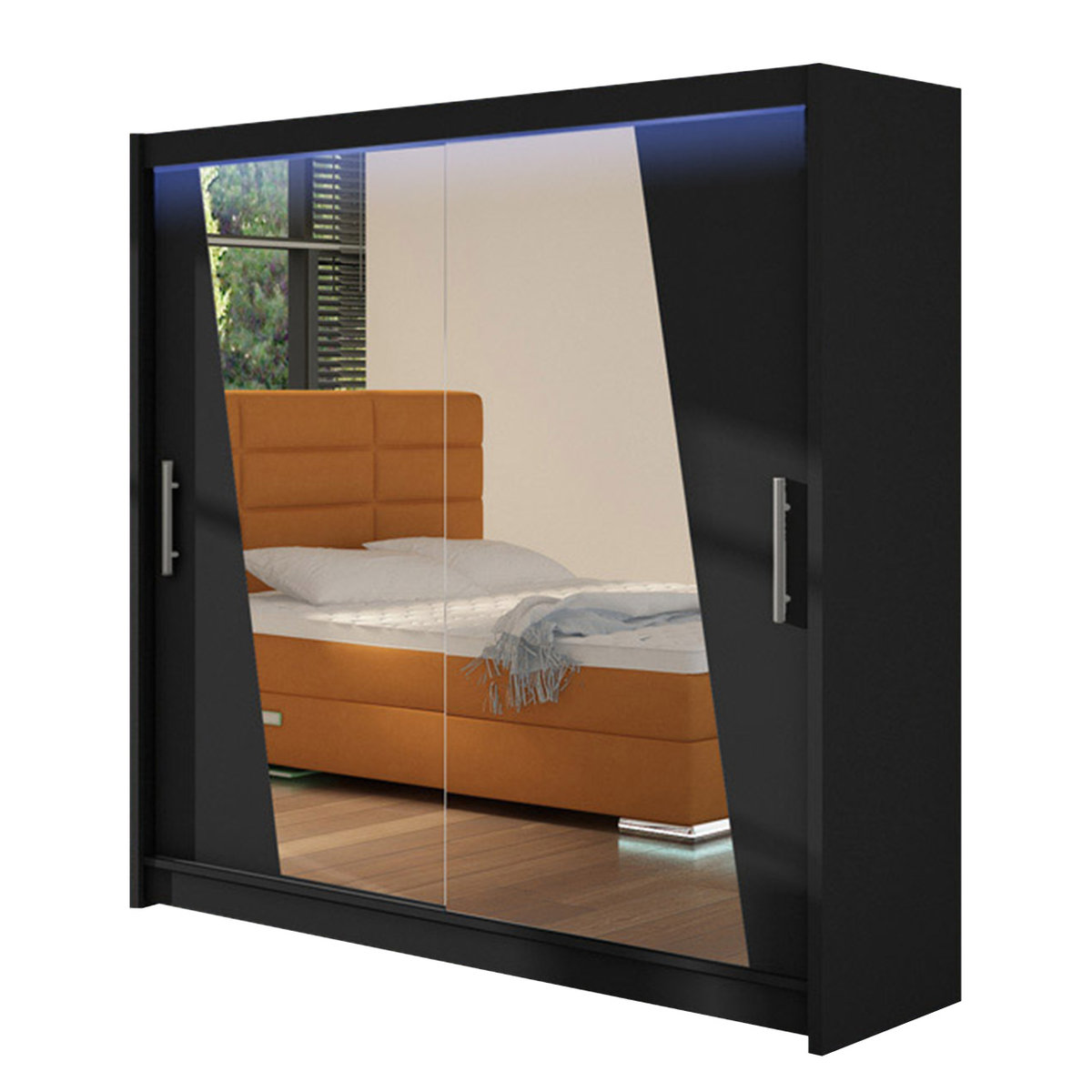 Szafa z drzwiami przesuwnymi London XIV z oświetleniem RGB, Czarny / Czarny + Biały Lacobel