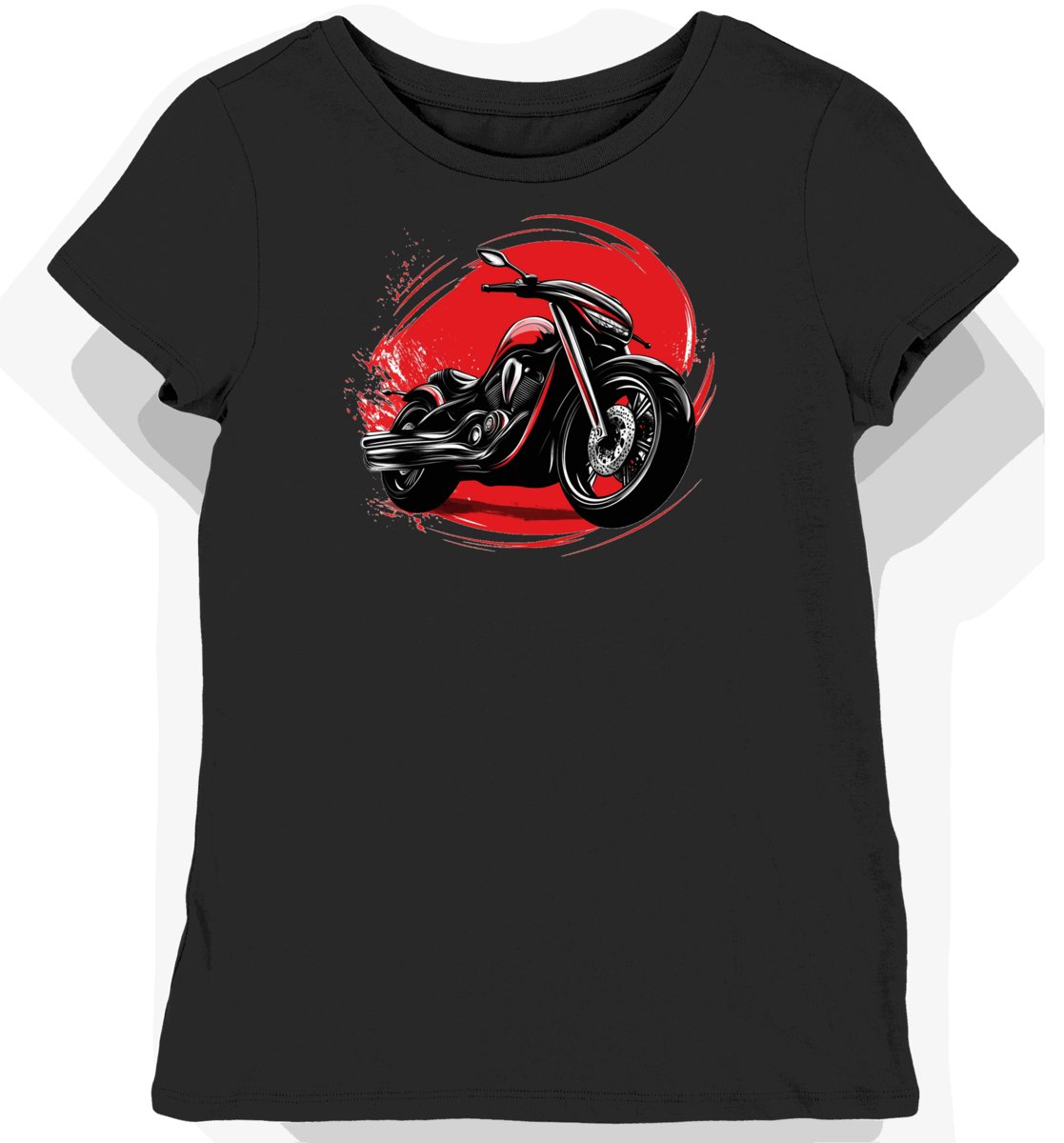 Koszulka damska czarna z motywem eleganckiego motocykla w ruchu L