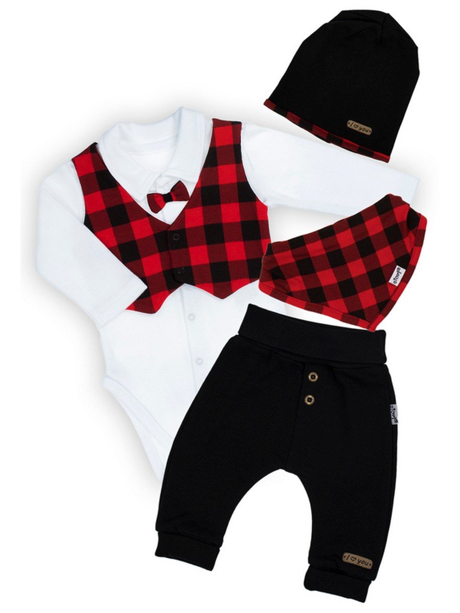 Niemowlęcy komplet czapka, apaszka, body i spodnie czerwony Nicol,r.56