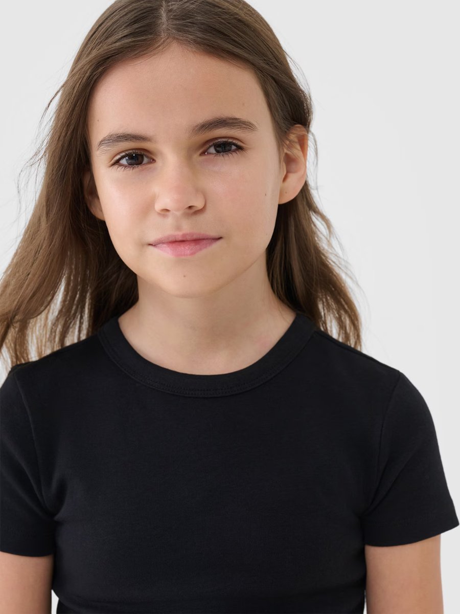 4F T-shirt slim crop top gładki dziewczęcy 4FJWSS25TTSHF1852-20S Czarny Roz. 164