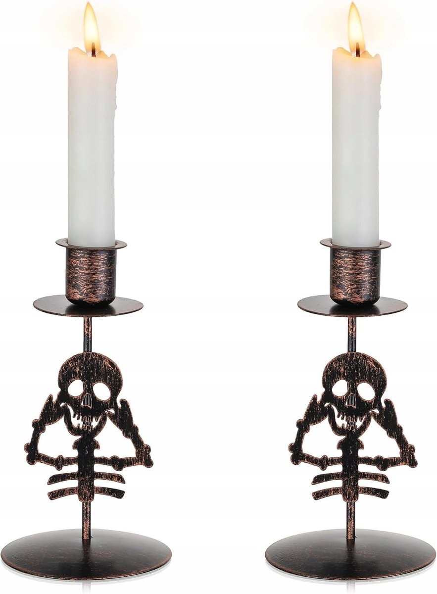 ŚWIECZNIK HALLOWEEN ZESTAW 2 SZTUK CZASZKA CZARNY METALOWY DEKORACYJNY