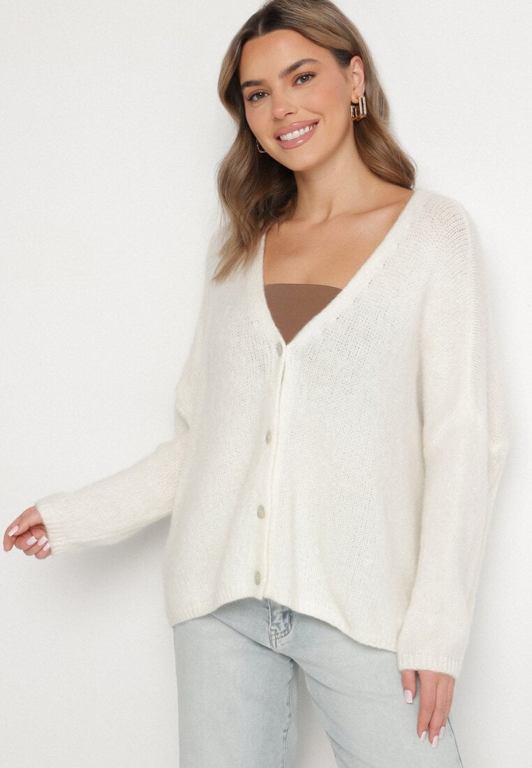Jasnobeżowy Kardigan z Dekoltem w Serek z Dzianiny z Wełną i Moherem Lismio