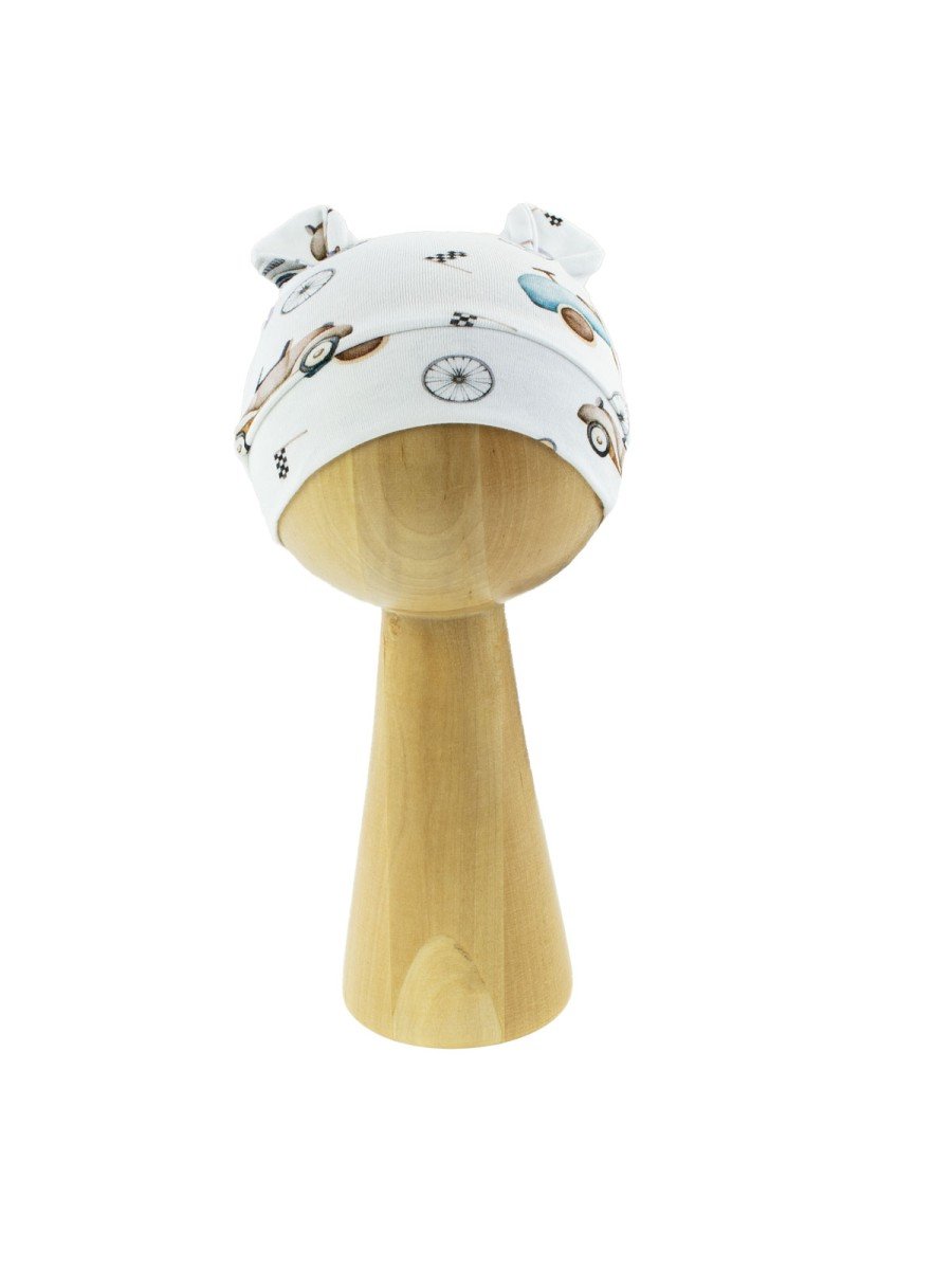 Niemowlęca czapka bawełniana z uszkami autka biała Nicol,r.56