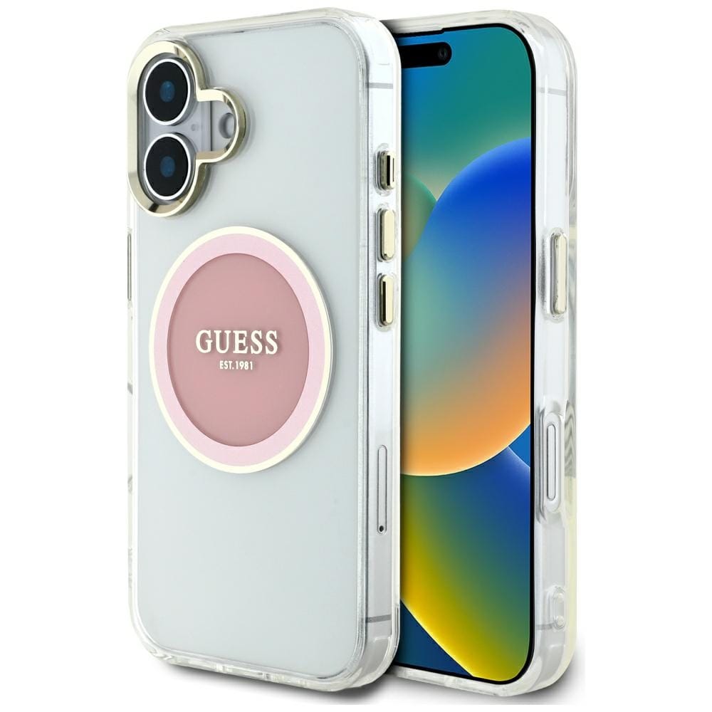 Etui Guess IML Metal Colored Circle Classic Logo MagSafe do iPhone 16 różowy