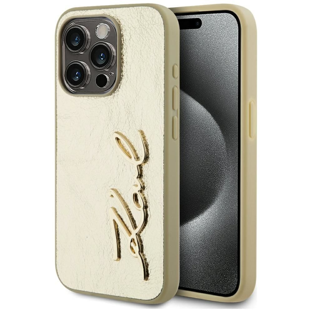 Etui Karl Lagerfeld Wrinkled Metal Signature do iPhone 15 Pro Max złoty
