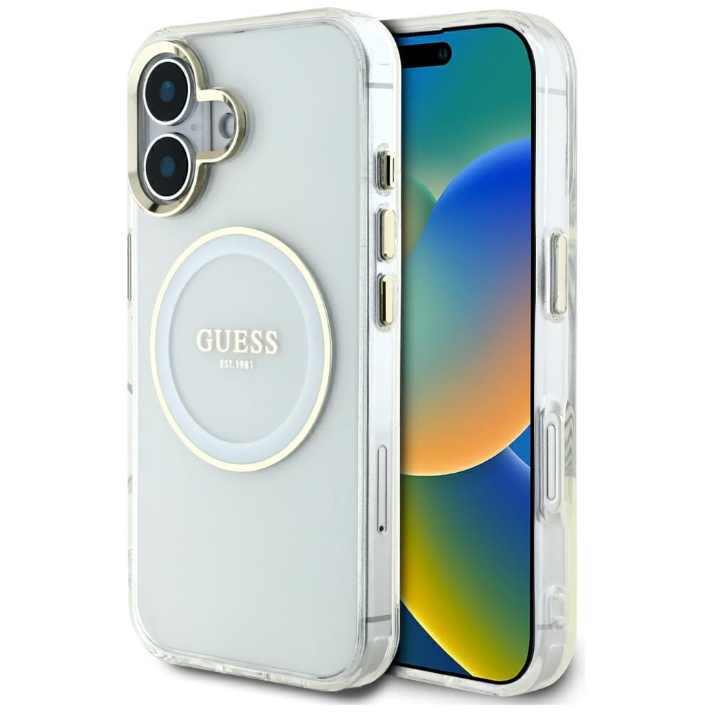Etui Guess IML Metal Colored Circle Classic Logo MagSafe do iPhone 16 biały
