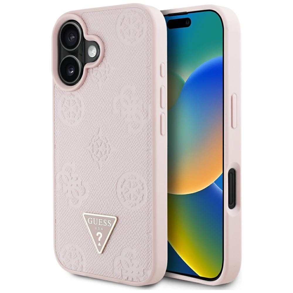 Etui Guess Grained Hot Stamp Peony Triangle Logo MagSafe do iPhone 16 różowy