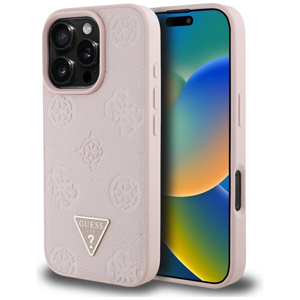 Etui Guess Grained Hot Stamp Peony Triangle Logo MagSafe do iPhone 16 Pro różowy