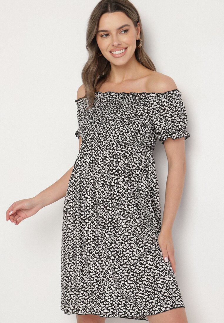 Czarna Wiskozowa Sukienka Typu Hiszpanka w Kwiaty Lunirella