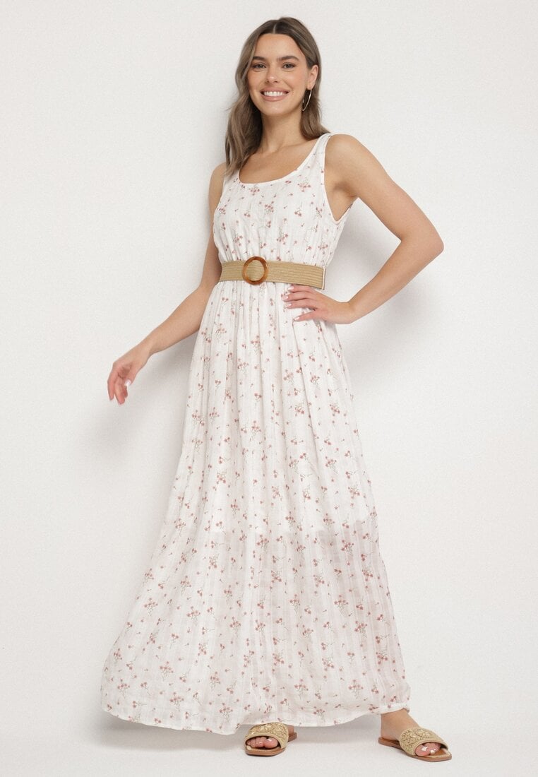 Biała Rozkloszowana Sukienka w Kwiaty Ozdobiona Plecionym Paskiem Iffalle