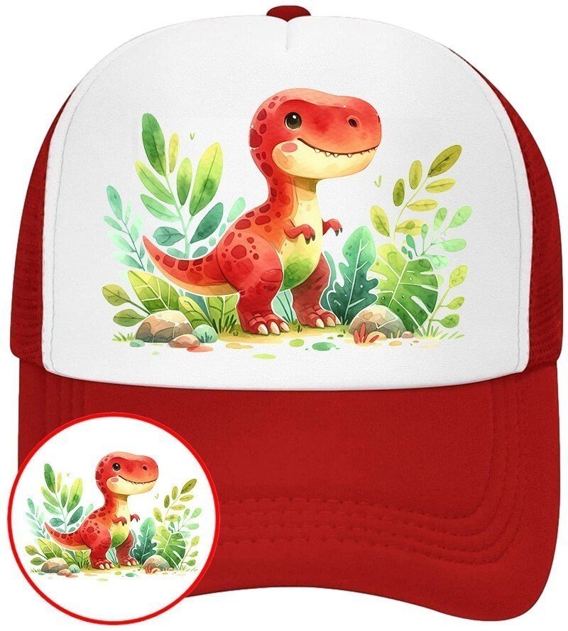 Czapka z Daszkiem Dinozaur Czerwona z Nadrukiem Na Lato Siatka Bejsbolówka