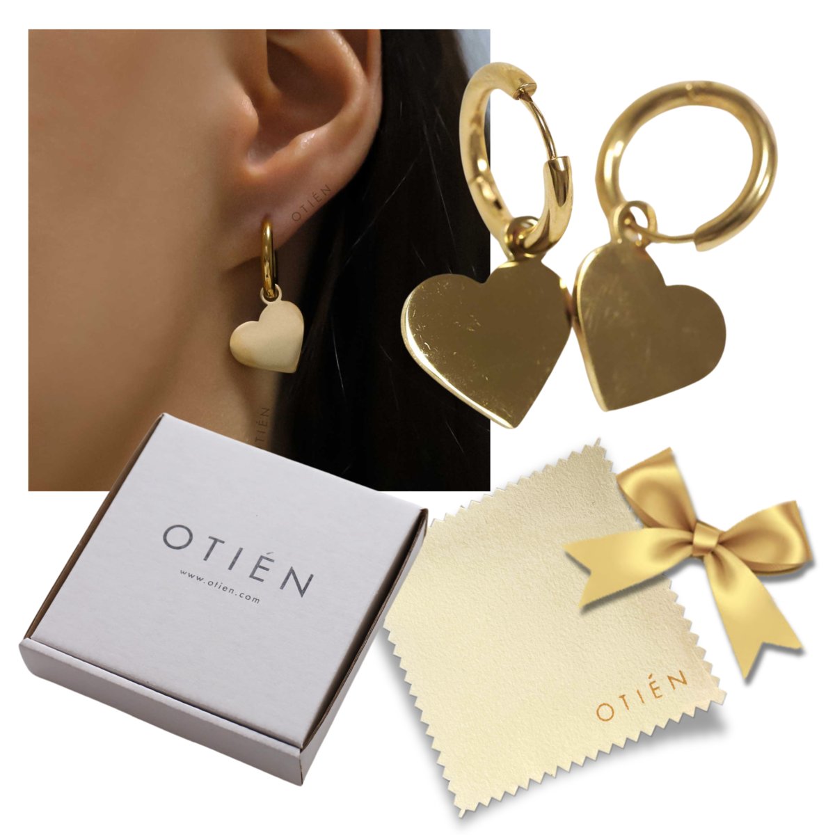 Kolczyki złote wiszące serca duże ze stali chirurgicznej