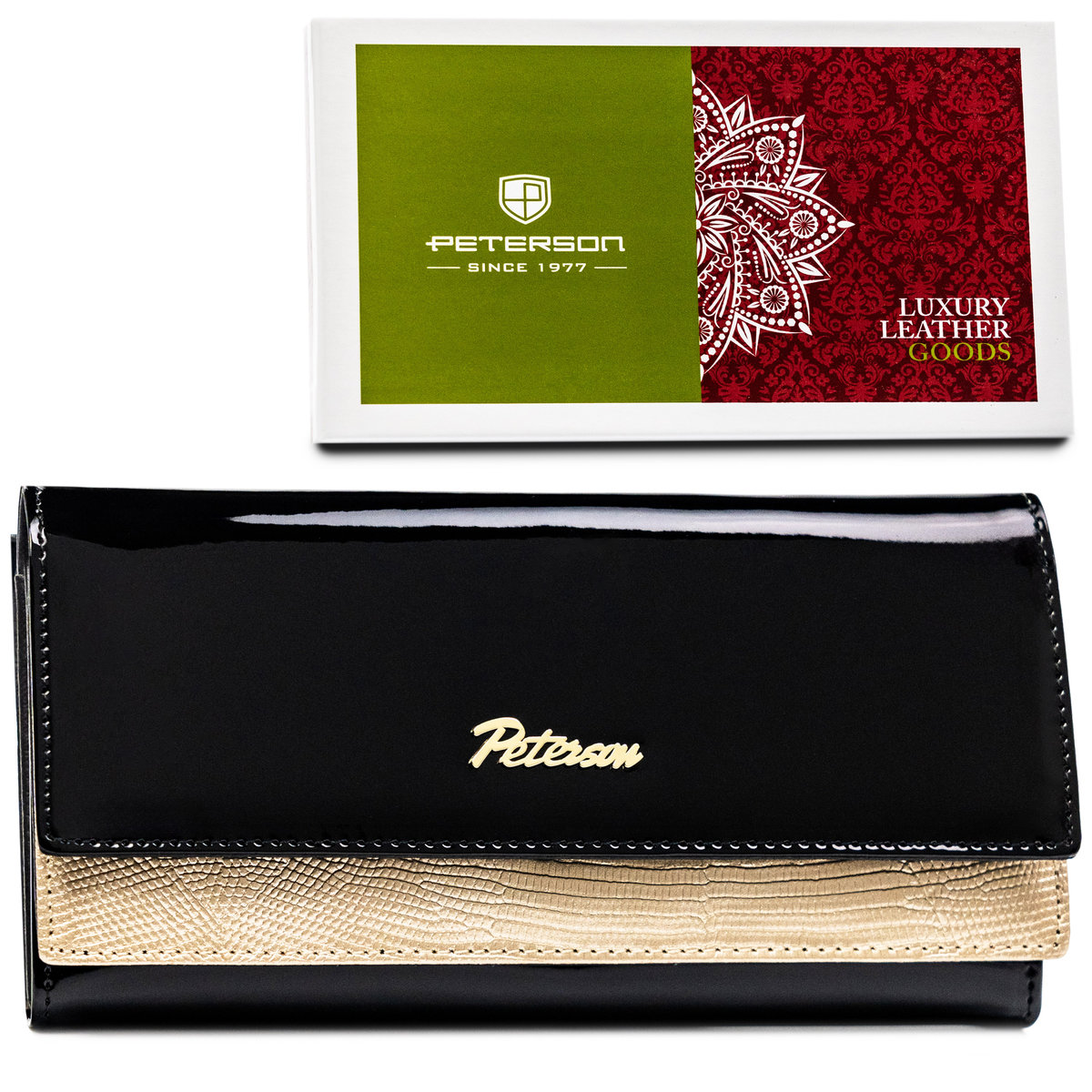 Damski portfel Peterson na zatrzask i bigiel ze skóry naturalnej ochrona kart RFID skórzany czarny złoty
