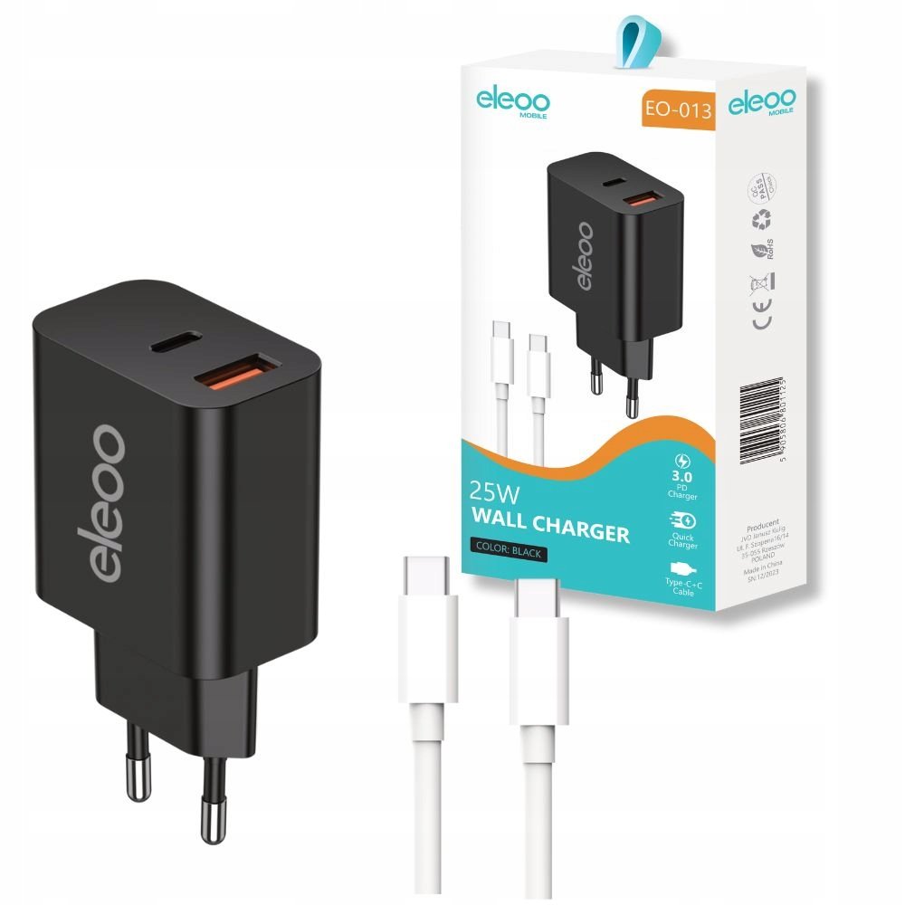 Ładowarka sieciowa szybka do telefonu USBC/USBA 3A 25W CZARNA+kabel USBC 1m