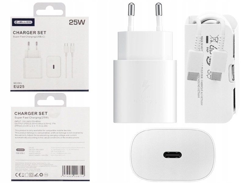 JELLICO ładowarka sieciowa EU25 PD 25W 1xUSB-C + kabel USB-C - USB-C Biały