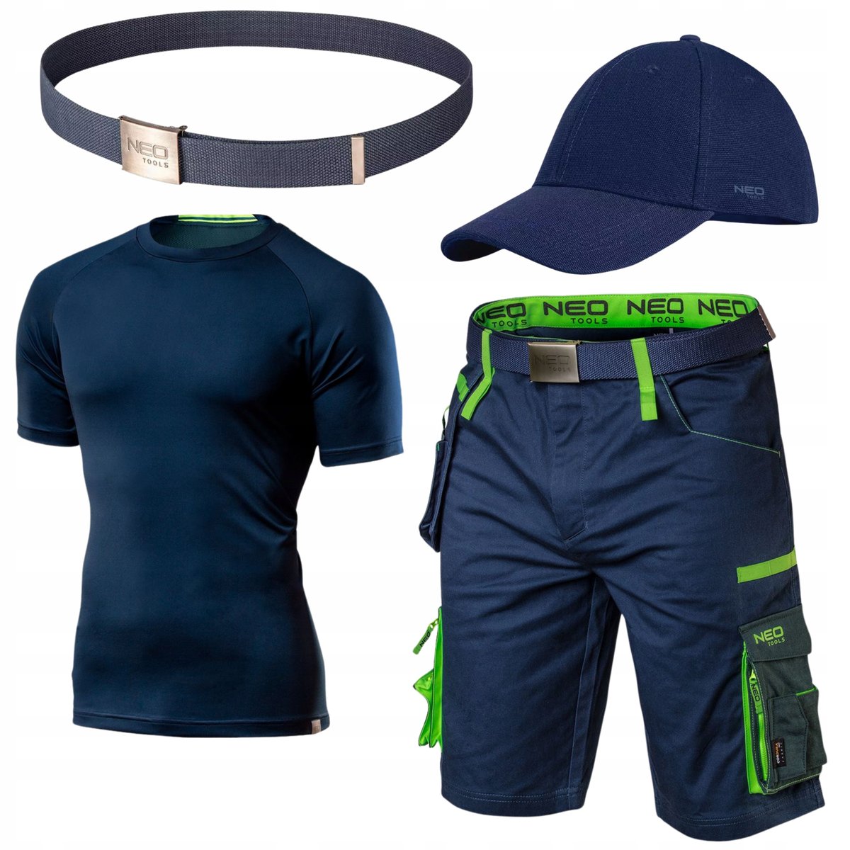 NEO Krótkie Spodenki Robocze Męskie + T-Shirt + Czapka, Pasek Komplet Roz M