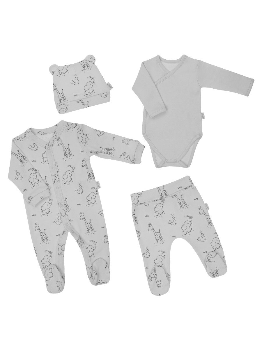 Niemowlęca wyprawka 4-pak pajacyk, body, spodenki i czapka w zwierzęta szara Nicol,r.62